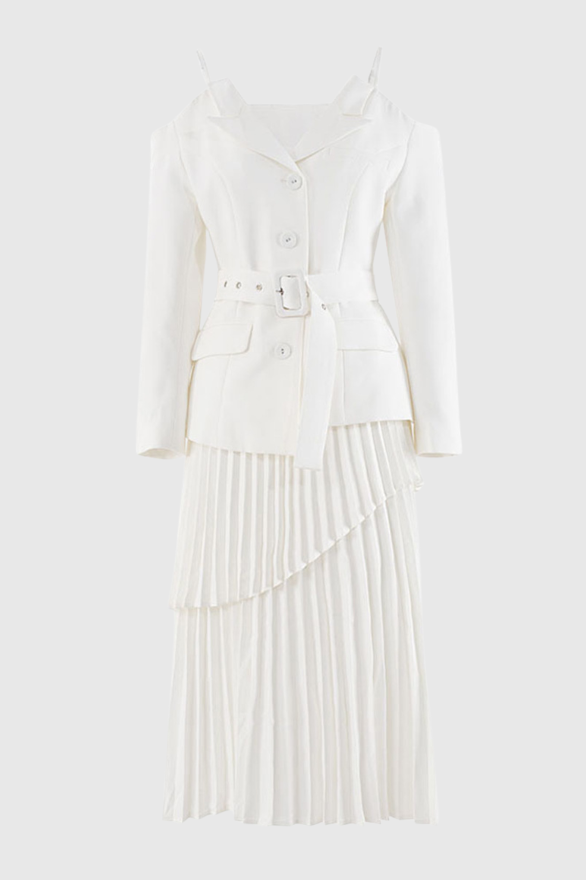 Eira Off Shoulder Blazer & Pleated Midi Skirt Set - White