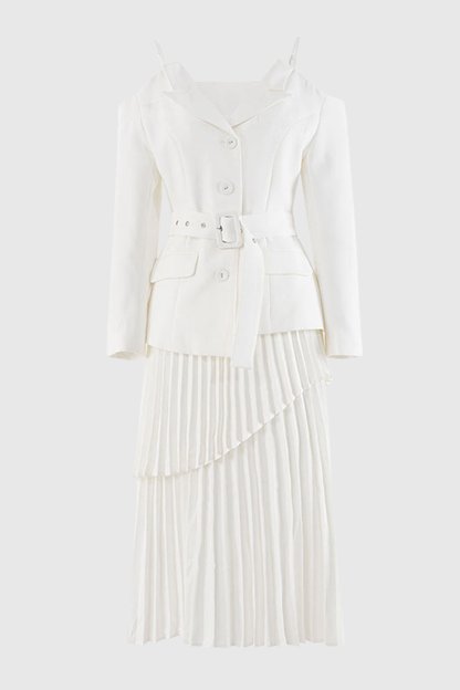 Eira Off Shoulder Blazer & Pleated Midi Skirt Set - White