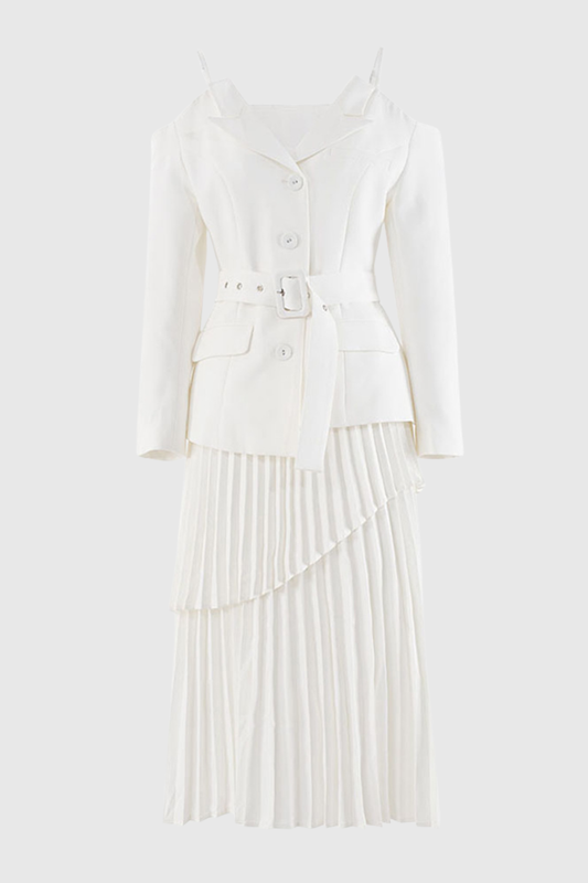 Eira Off Shoulder Blazer & Pleated Midi Skirt Set - White