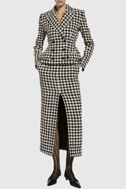 Eisa Houndstooth Tweed Jacket & Midi Skirt Set