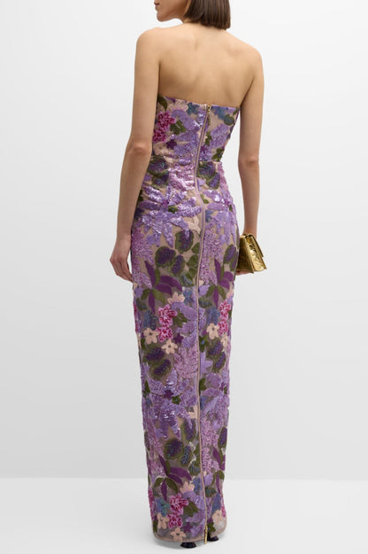 Elara Floral Sequin Embroidered Strapless Maxi Dress - Purple