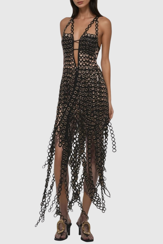 Eleusine Deep-V Fringe Cutout Maxi Dress