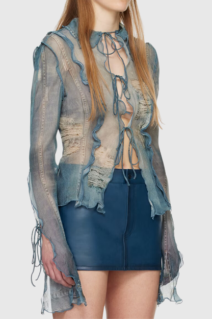 Ellen Mesh Printed Ruffle Top