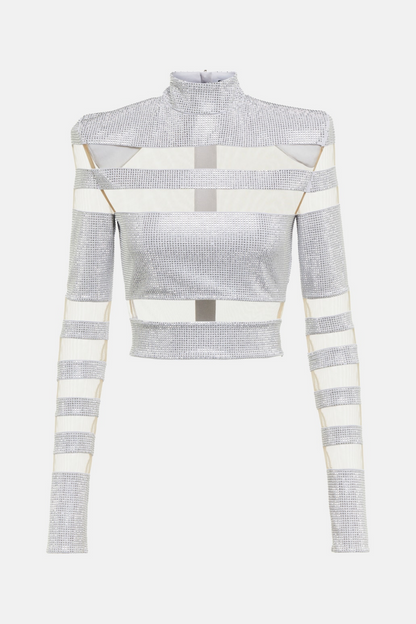 Elysia Mesh-paneled Crystal Embellished Top - Silver