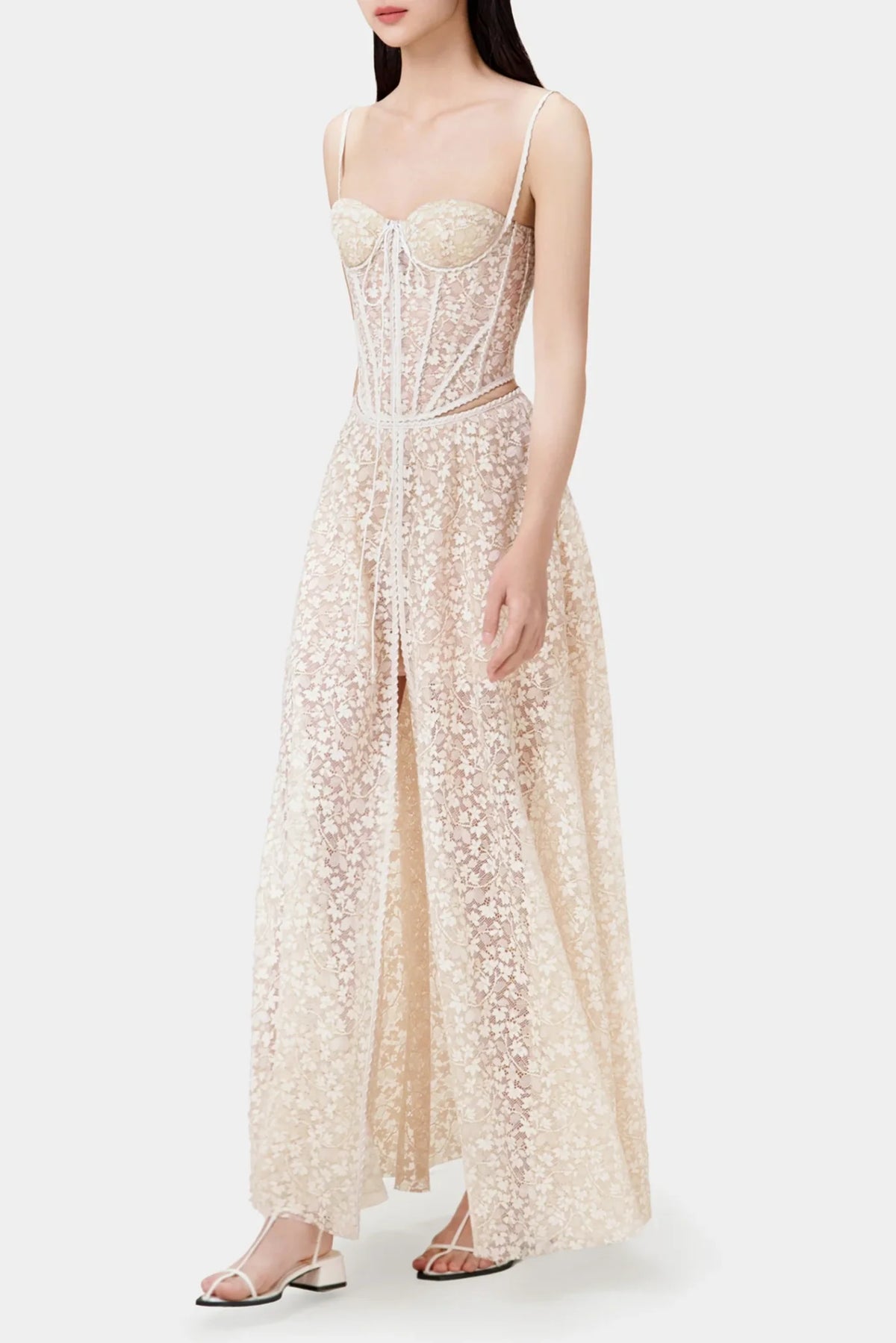Emani Floral Lace Corset Cutout Maxi Dress - Beige