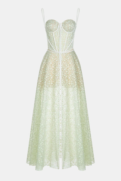 Emani Floral Lace Corset Cutout Maxi Dress - Mint