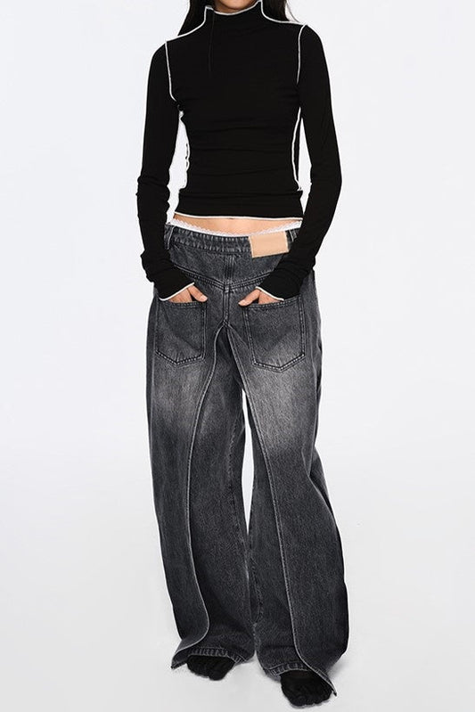 Emely Deconstructed Fake Two-piece Jeans - Black