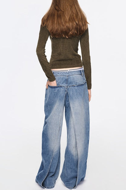 Emely Deconstructed Fake Two-piece Jeans - Blue