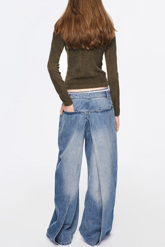 Emely Deconstructed Fake Two-piece Jeans - Blue