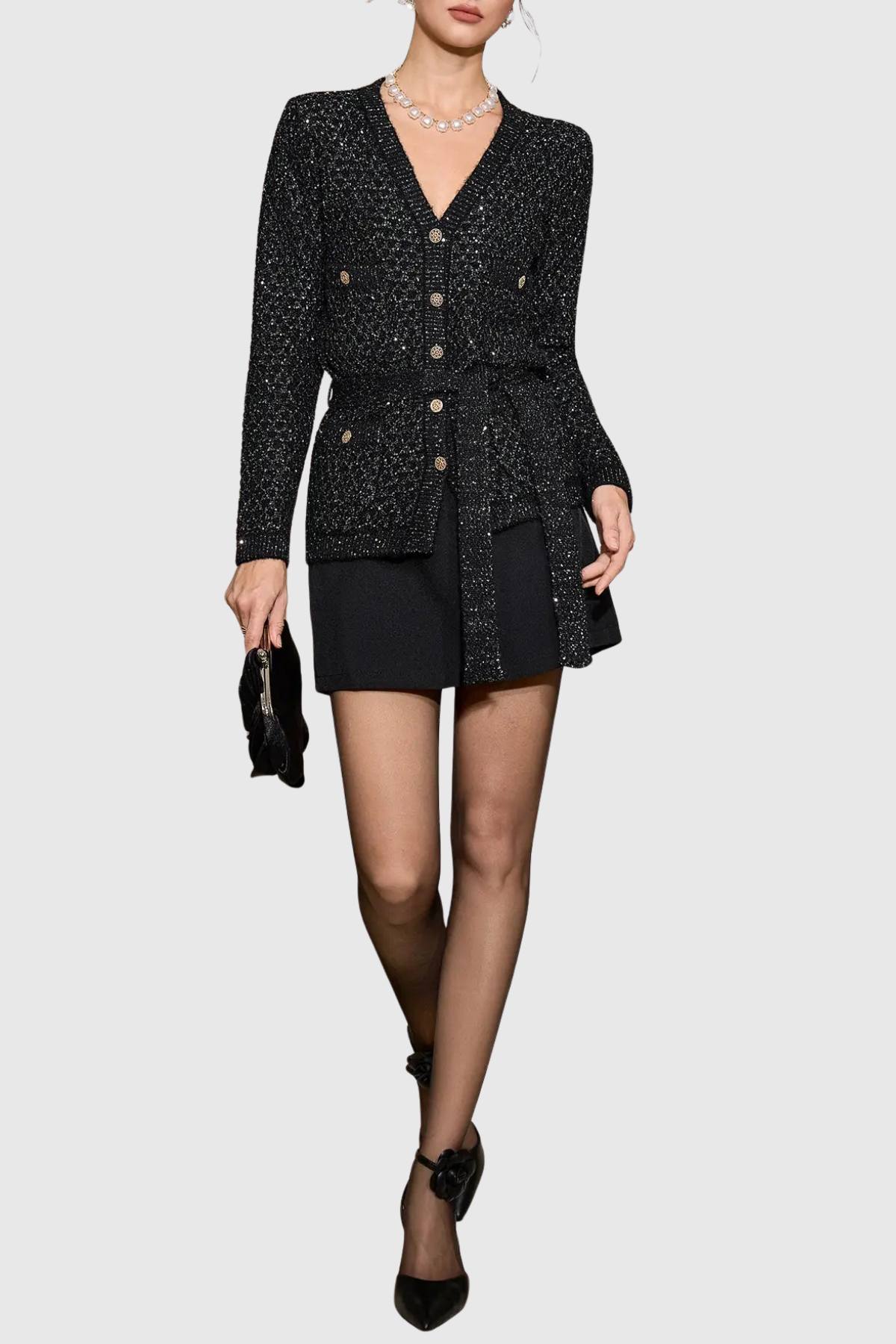 Emilia Sequin Embellished Cardigan - Black
