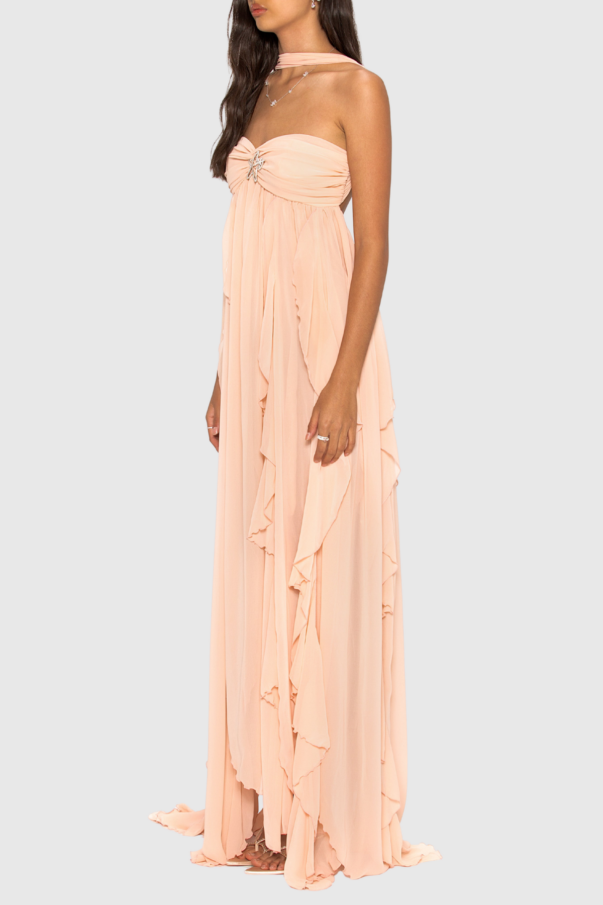 Emine Halter Ruffle Split Maxi Dress - Peach