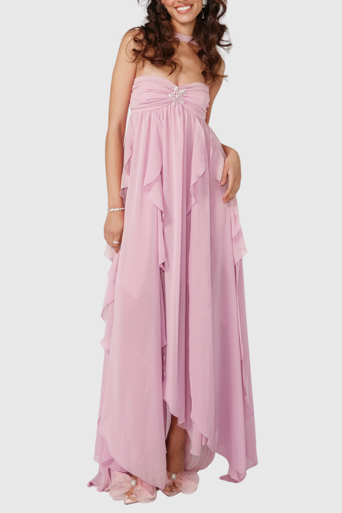 Emine Halter Ruffle Split Maxi Dress - Purple