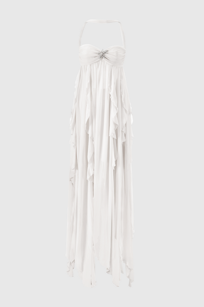 Emine Halter Ruffle Split Maxi Dress - White