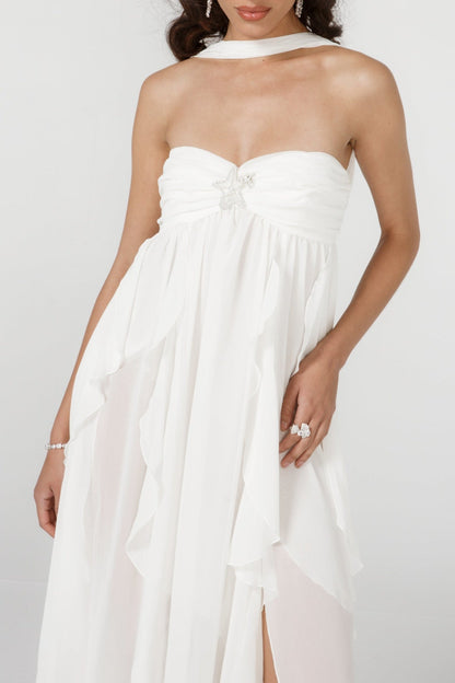 Emine Halter Ruffle Split Maxi Dress - White