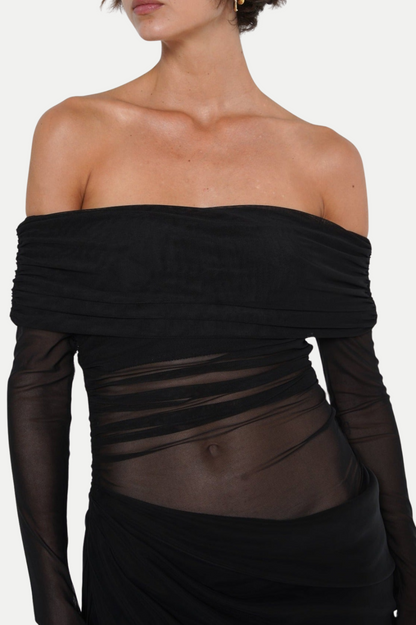 Enko Off Shoulder Ruched Mesh Maxi Dress - Black