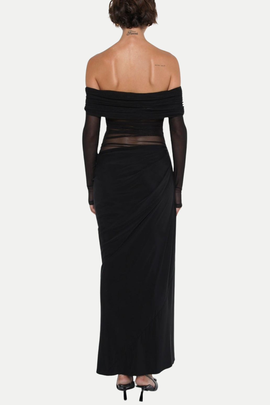 Enko Off Shoulder Ruched Mesh Maxi Dress - Black