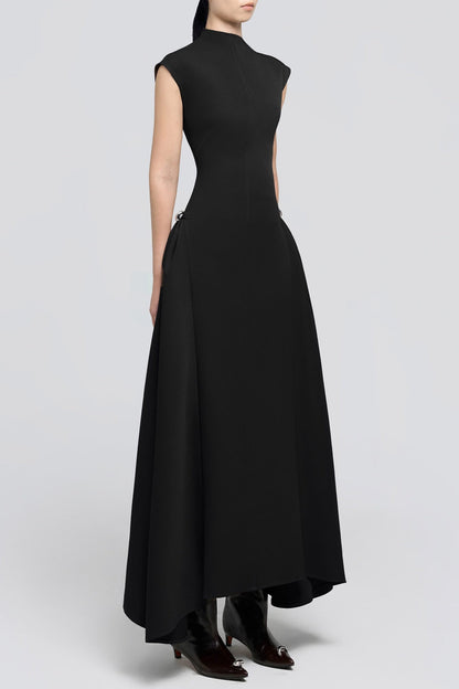 Eorkone Symmetric Drapes Flared Midi Dress - Black