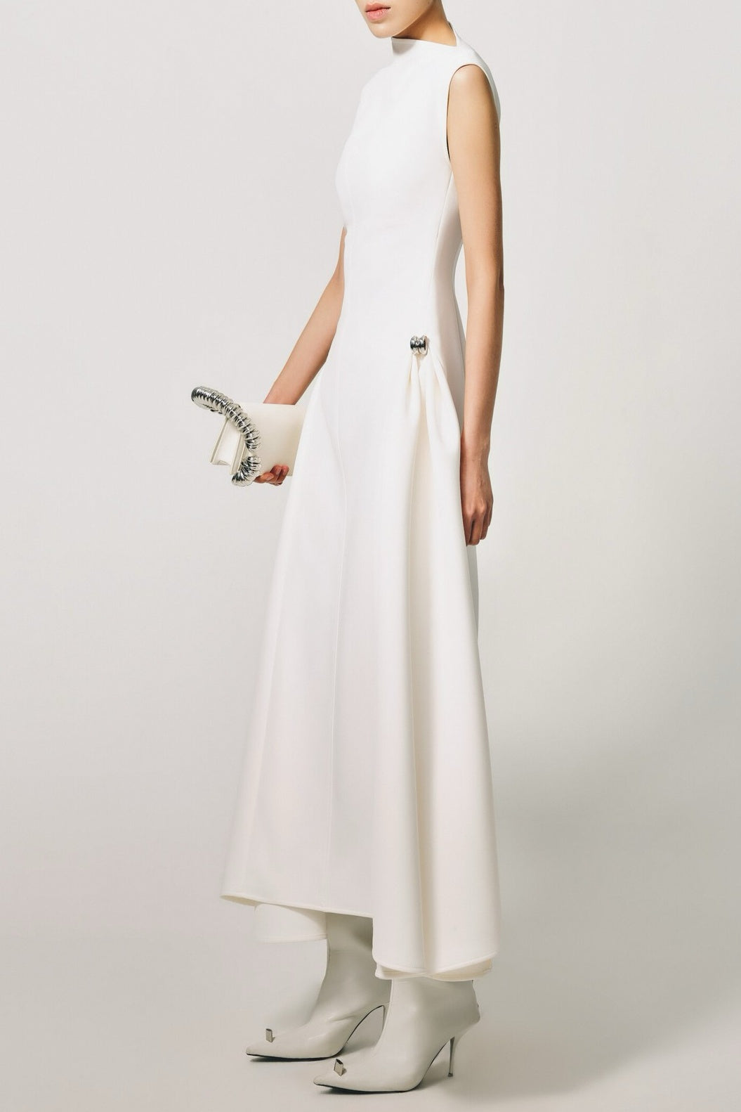 Eorkone Symmetric Drapes Flared Midi Dress - White