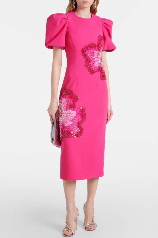 Ereni Puff Floral Sequin Embellished Midi Dress