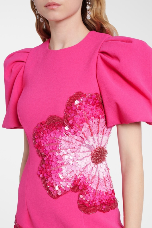 Ereni Puff Floral Sequin Embellished Midi Dress