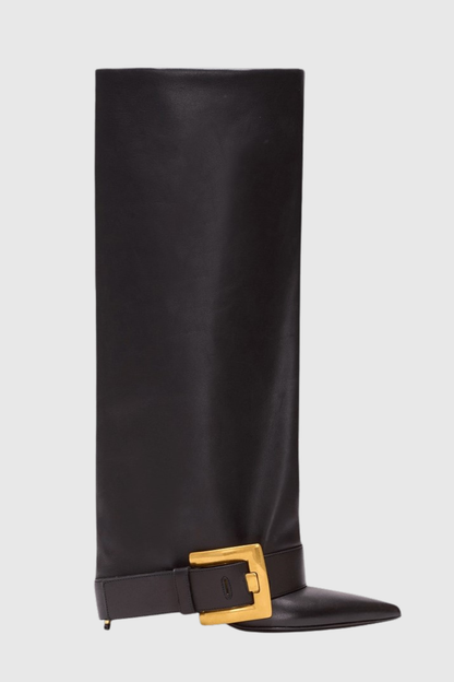 Erila Gold Buckle Knee Hight Boots - Black