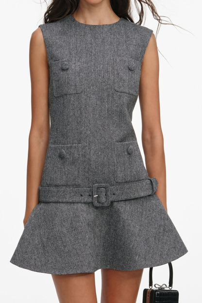 Euryda Herringbone Belted Flared Mini Dress