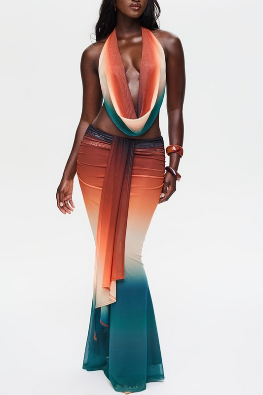 Faunia Mesh  Gradient Top & Skirt Set