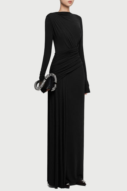 Fiada Draped Long Sleeve Maxi Dress - Black