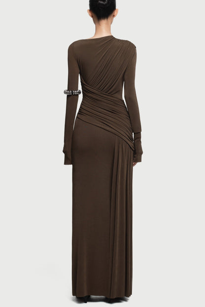 Fiada Draped Long Sleeve Maxi Dress - Brown