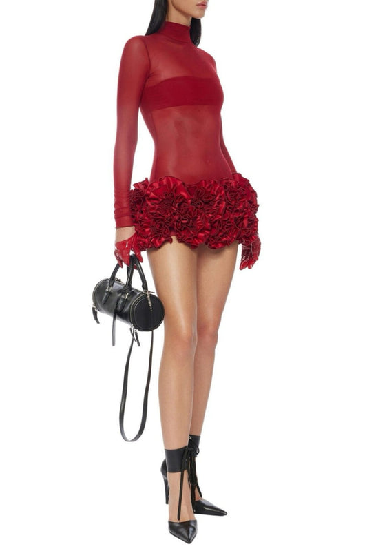 Fionna Floral Mesh Long Sleeve Mini Dress - Red