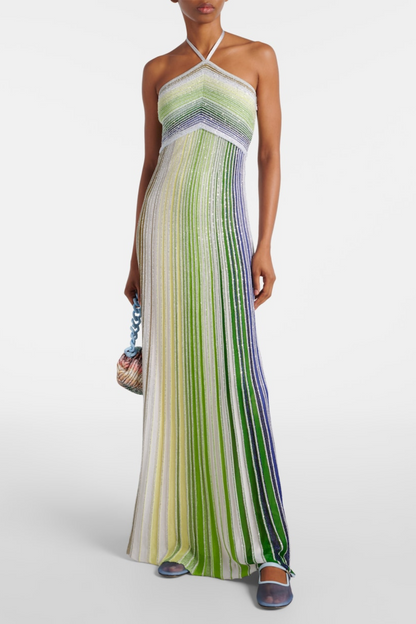 Fltya Halter Metallic Gradient Knit Maxi Dress - Green