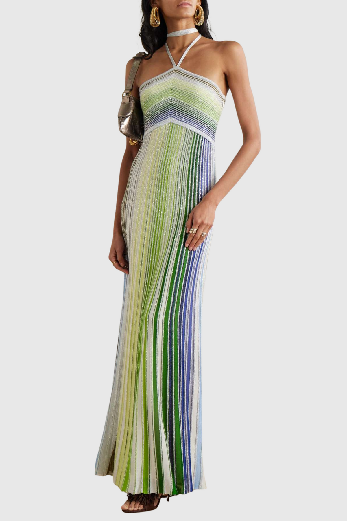 Fltya Halter Metallic Gradient Knit Maxi Dress - Green