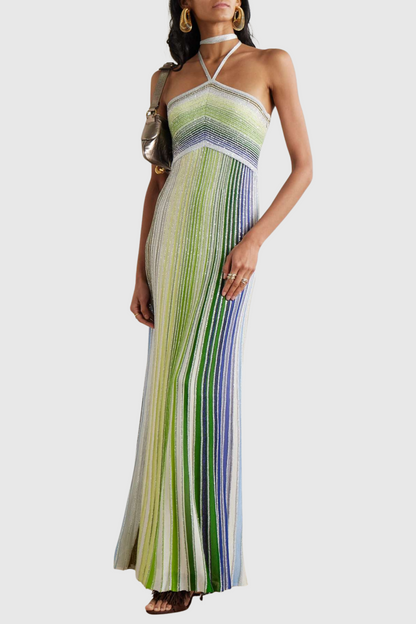 Fltya Halter Metallic Gradient Knit Maxi Dress - Green