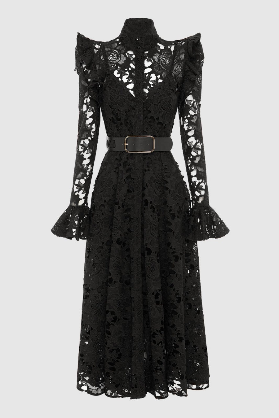 Freya Ruffle Lace-embroidered Belted Midi Dress - Black