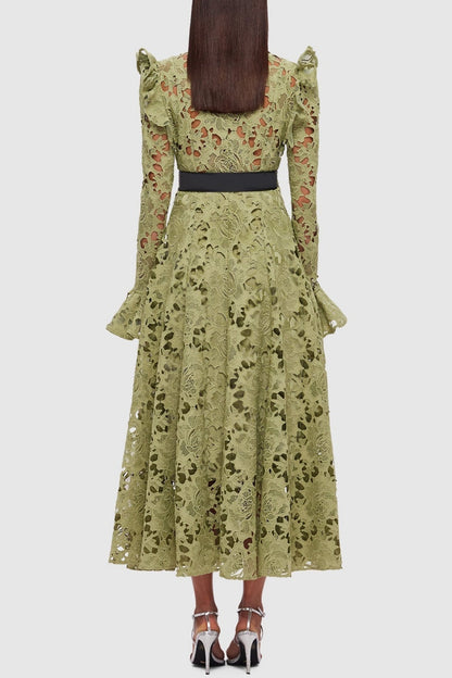 Freya Ruffle Lace-embroidered Belted Midi Dress - Green