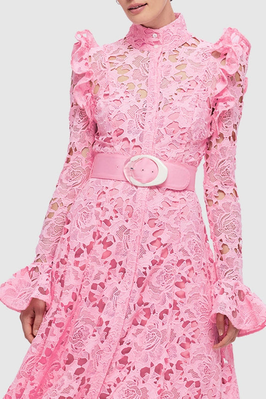 Freya Ruffle Lace-embroidered Belted Midi Dress - Pink
