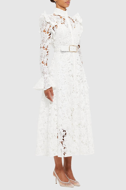 Freya Ruffle Lace-embroidered Belted Midi Dress - White