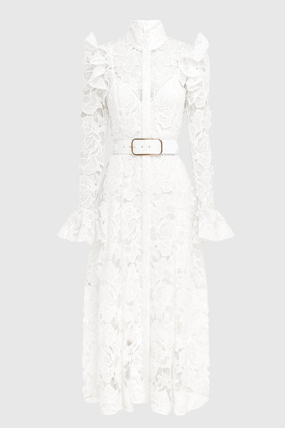 Freya Ruffle Lace-embroidered Belted Midi Dress - White