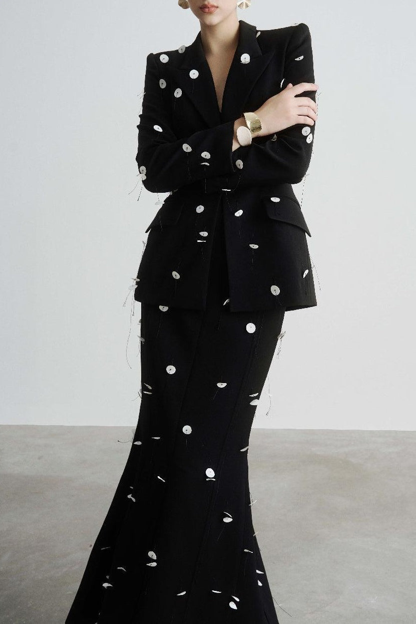 Gana Sequin Dot Trumpet Blazer - Black