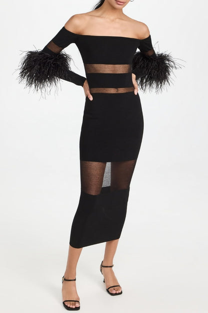 Genesis Off Shoulder Feather Mesh Midi Bandage Dress - Black