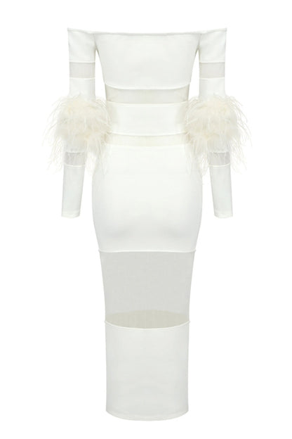 Genesis Off Shoulder Feather Mesh Midi Bandage Dress - White