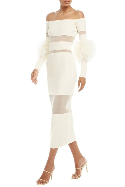 Genesis Off Shoulder Feather Mesh Midi Bandage Dress - White