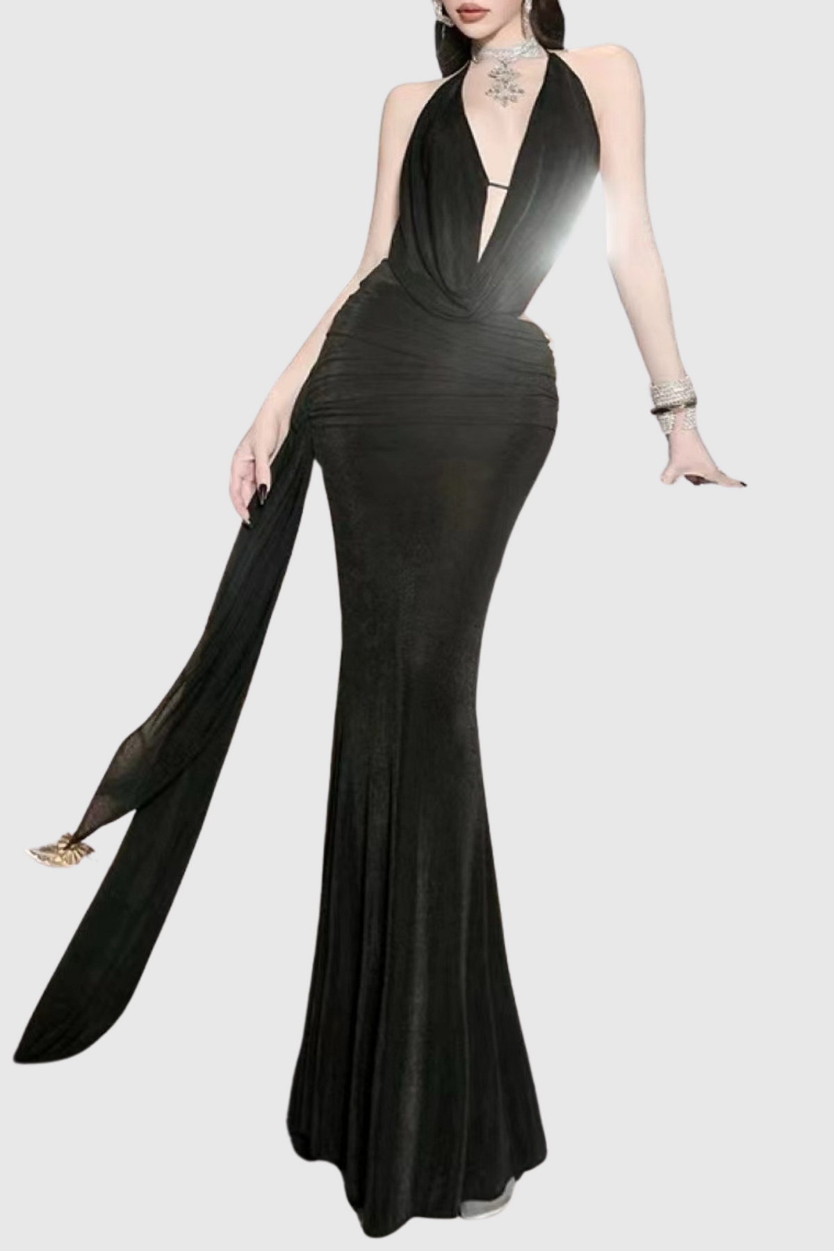 Grisha Halter Draped Backless Maxi Dress - Black
