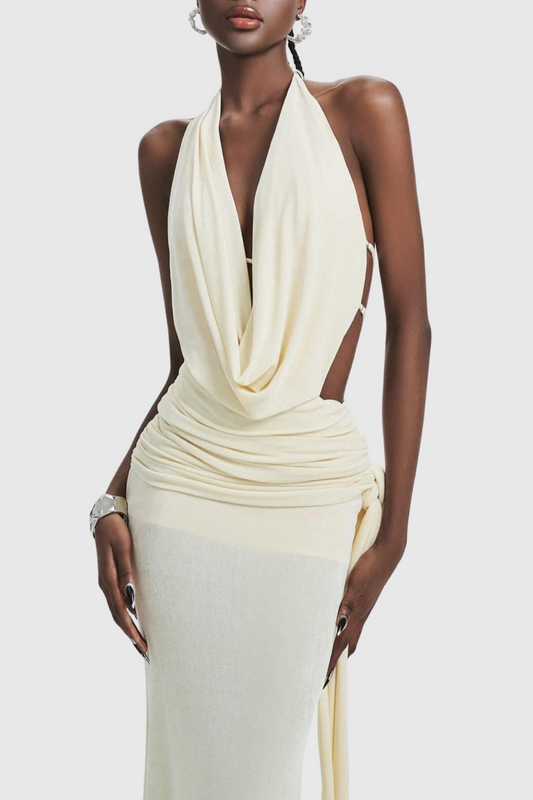 Grisha Halter Draped Backless Maxi Dress - Beige