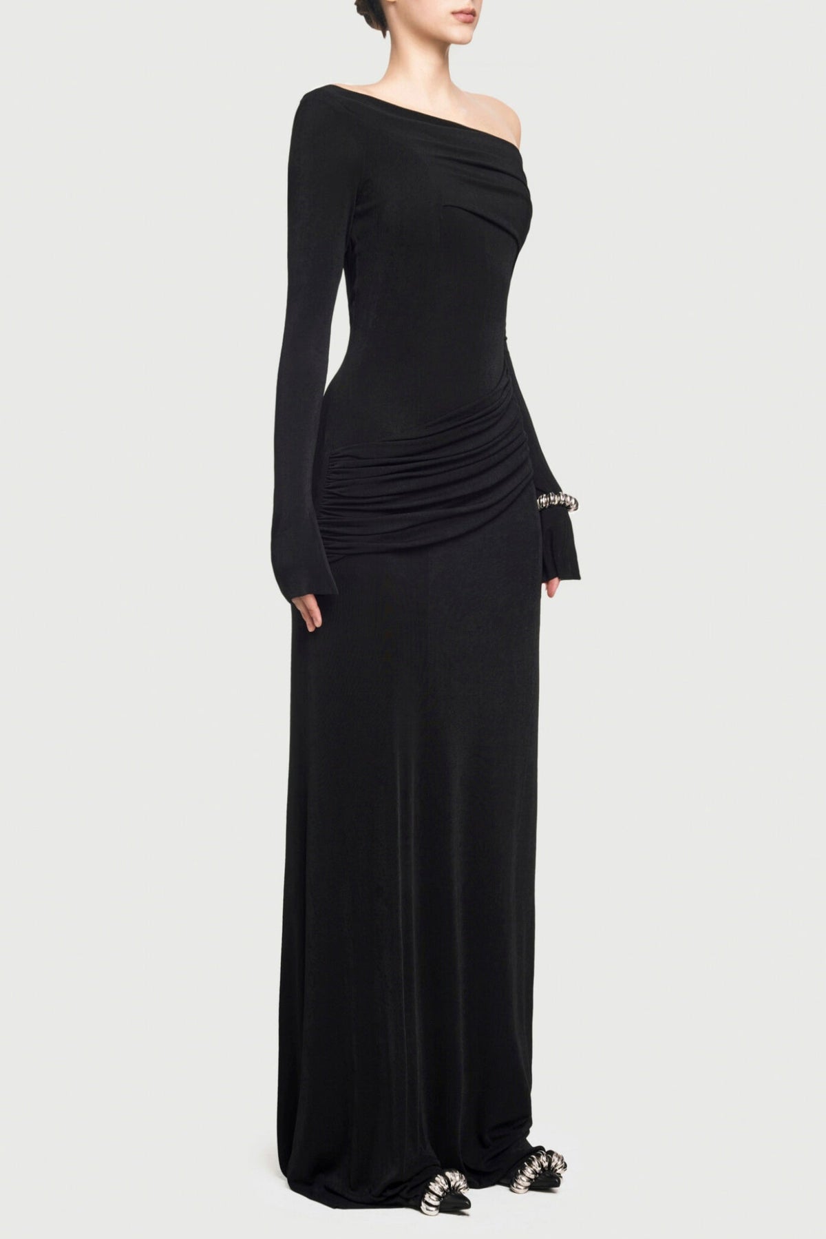 Gunnar Off Shoulder Asymmetric Ruched Maxi Dress - Black