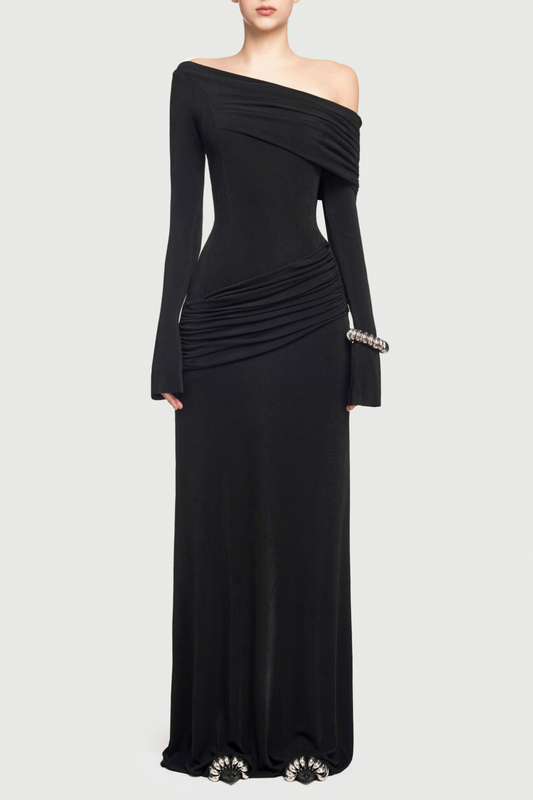 Gunnar Off Shoulder Asymmetric Ruched Maxi Dress - Black