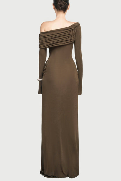 Gunnar Off Shoulder Asymmetric Ruched Maxi Dress - Brown