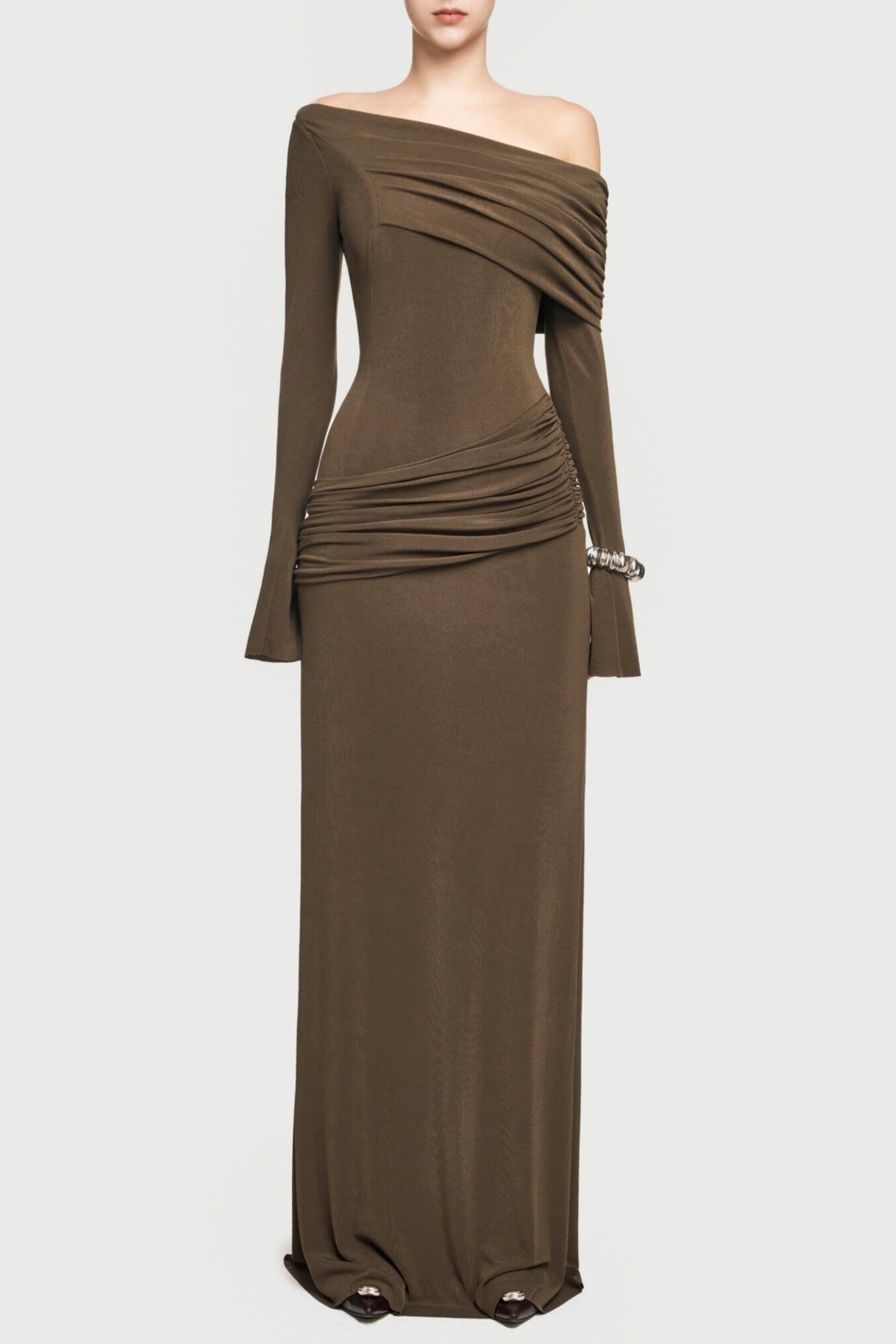 Gunnar Off Shoulder Asymmetric Ruched Maxi Dress - Brown