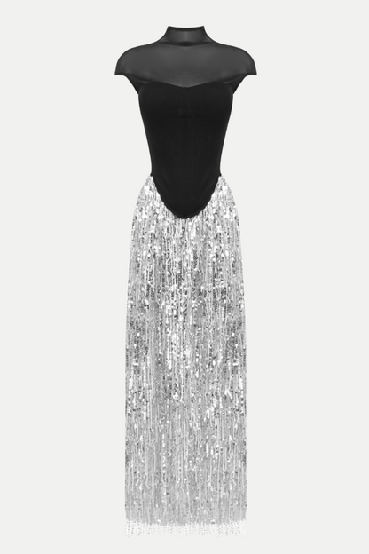Guthrie Mesh Corset Fringe Sequin Dress Two Piece Set