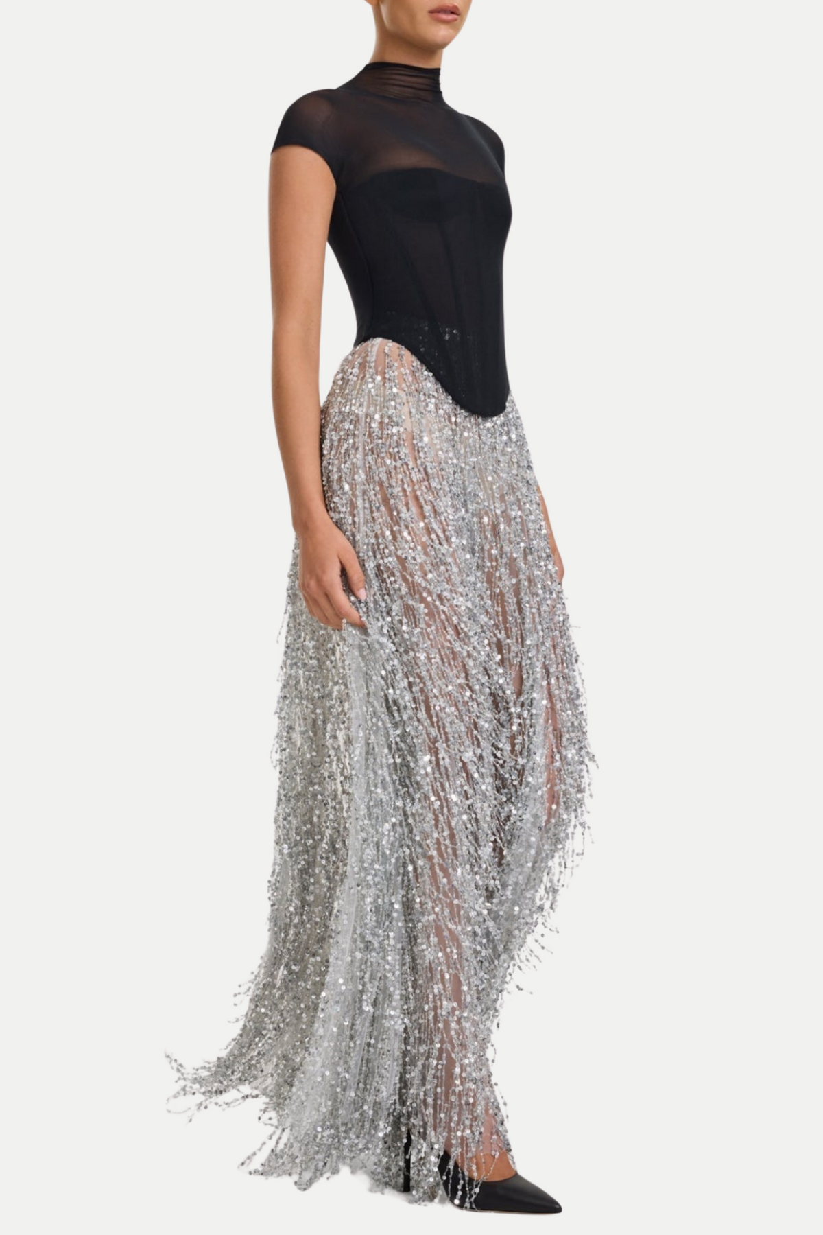 Guthrie Mesh Corset Fringe Sequin Dress Two Piece Set